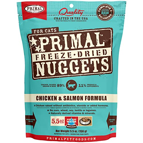 Primal Freeze Dried Cat Food Nuggets Chicken & Salmon; Complete & Balanced Meal or Topper; Premium, Healthy, Grain Free, High Protein Raw Cat Food with Probiotics (5.5 oz)