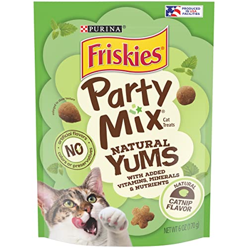 Purina Friskies Made in USA Facilities, Natural Cat Treats, Party Mix Natural Yums Catnip Flavor - (6) 6 oz. Pouches