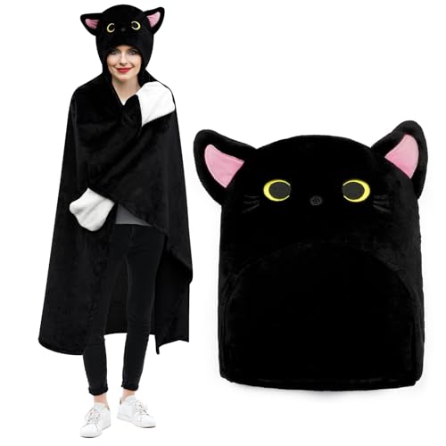 QAUJERY Wearable Hooded Blanket for Kids Adults, Cute Black Cat Hooded Blanket, Super Soft and Warm Animal Blanket Hoodie Cat Wearable Blanket, Machine Washable Birthday Blanket Gifts