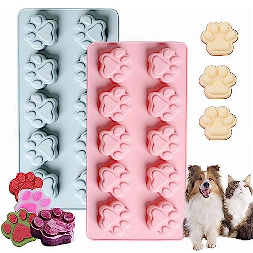 QUMENEY Dog Paw Silicone Molds, 2Pcs Dog Treat Molds Puppy Paw Mold Silicone Cat Pet Baking Moulds, Non Stick Dog Ice Mold for Candy Cookie Jelly Chocolate