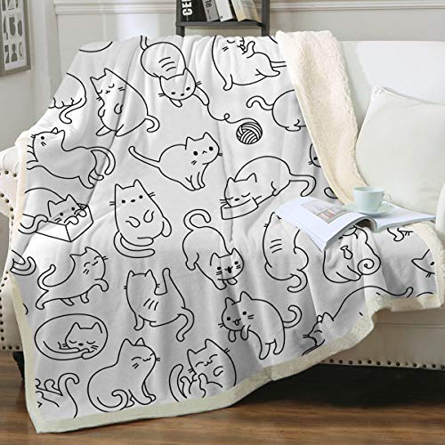 Sleepwish Cat Blankets for Cat Lovers Cute Cat Blanket for Girls Women Fleece Cat Sherpa Blanket Black and White Cat Print Blanket Fuzzy Cat Blanket Throw (50" X 60")