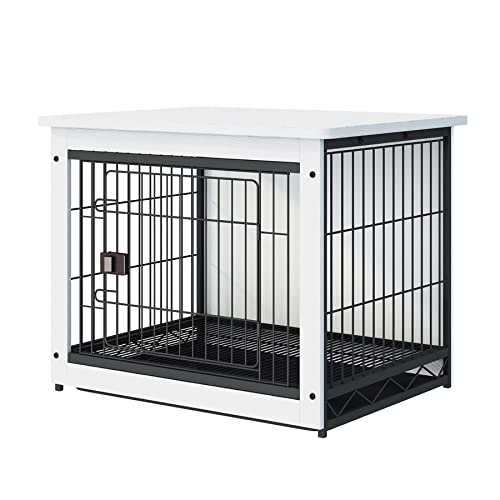 SPRICHIC Pet Cage with Crate Cover - Dog Crate Furniture, Wooden Wire Dog House, Decorative Indoor Kennel, End Table, Night Stand, Warm White, Medium