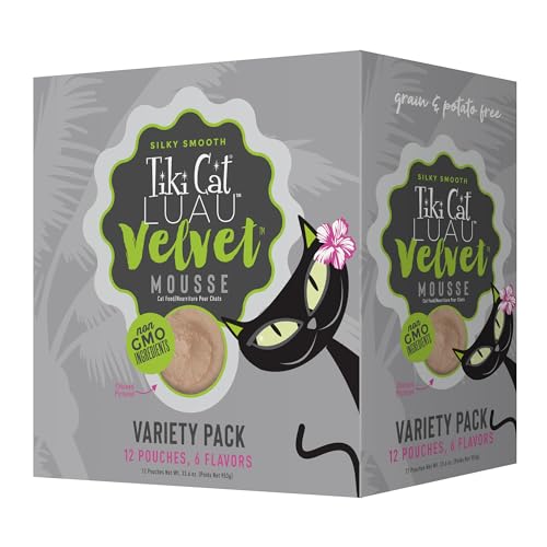 Tiki Cat Velvet Mousse, Protein Blend in Broth Variety Pack, Complete Nutrition for Balanced Diet, Wet Cat Food For All Life Stages, 2.8 oz. Pouch (Pack of 12)