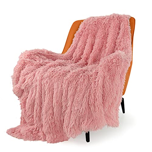 TOONOW Extra Soft Fuzzy Faux Fur Throw Blanket 50"x60", Reversible Lightweight Fluffy Cozy Plush Comfy Microfiber Fleece Decorative Shaggy Blanket for Couch Sofa Bed, Pink