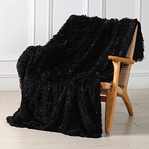 Tuddrom Decorative Extra Soft Faux Fur Throw Blanket 50" x 60",Reversible Fuzzy Long Hair Shaggy Throw Blankets, Fluffy Cozy Plush Fleece Comfy Microfiber Fur Blanket for Couch Sofa Bed, Black