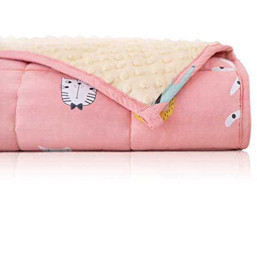 Uttermara Kids Weighted Blanket 5 lbs, Ultra Cozy Flannel Minky Dotted and Cotton Sided with Cartoon Patterns, Heavy Blanket Great for Calming and Sleeping, 36x48 inches, Pink Cat