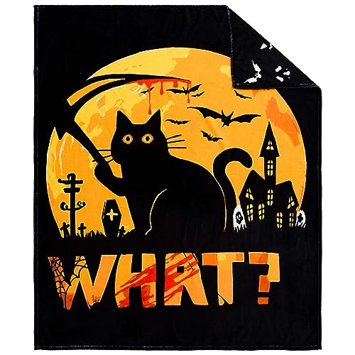 Vessia Flannel Fleece Throw Blanket, Black Cat Moon Flannel Blanket for Couch, Sofa, Bed, 300GSM Soft Cozy Cute Funny Cartoon Blanket Gift for Halloween Decor