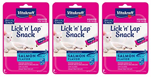 Vitakraft 3 Pack of Salmon Lick 'n' Lap Snack, 5 Tubes Each, Interactive Wet Cat Treat
