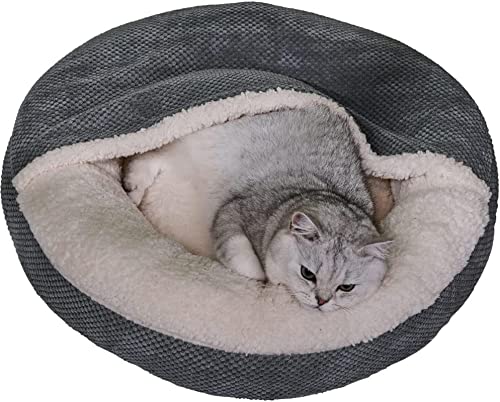 WELLYELO 20" Small Dog Bed Cat Bed with Attached Blanket Calming Donut Cuddler Dog Beds for Small Dogs Cozy Fleece Cat Cave Beds Machine Washable (20x20x6, Gray)