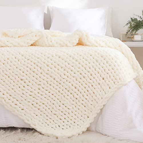 YAAPSU Chunky Knit Blanket Throw 51"x63", Soft Jumbo Chenille Throw Blanket, 100% Hand Knitted Throw Blankets for Couch Bed, Big Thick Yarn Cable Knit Blanket, Large Rope Knot Crochet Blanket (Ivory)