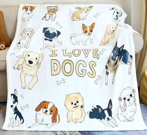 Zevrez I Love Dogs Blanket Kids Blanket with Dogs Cute Puppies Pets Prints Flannel Fleece Blanket with Dogs on It Throw Blanket Gifts for Dog Lovers (Love Dogs, 48"x60")